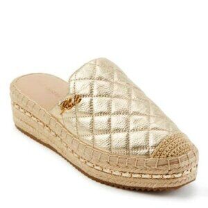 New KARL LAGERFELD PARIS Devra Espadrille Gold Leather Platform Mule 6 MSRP $130